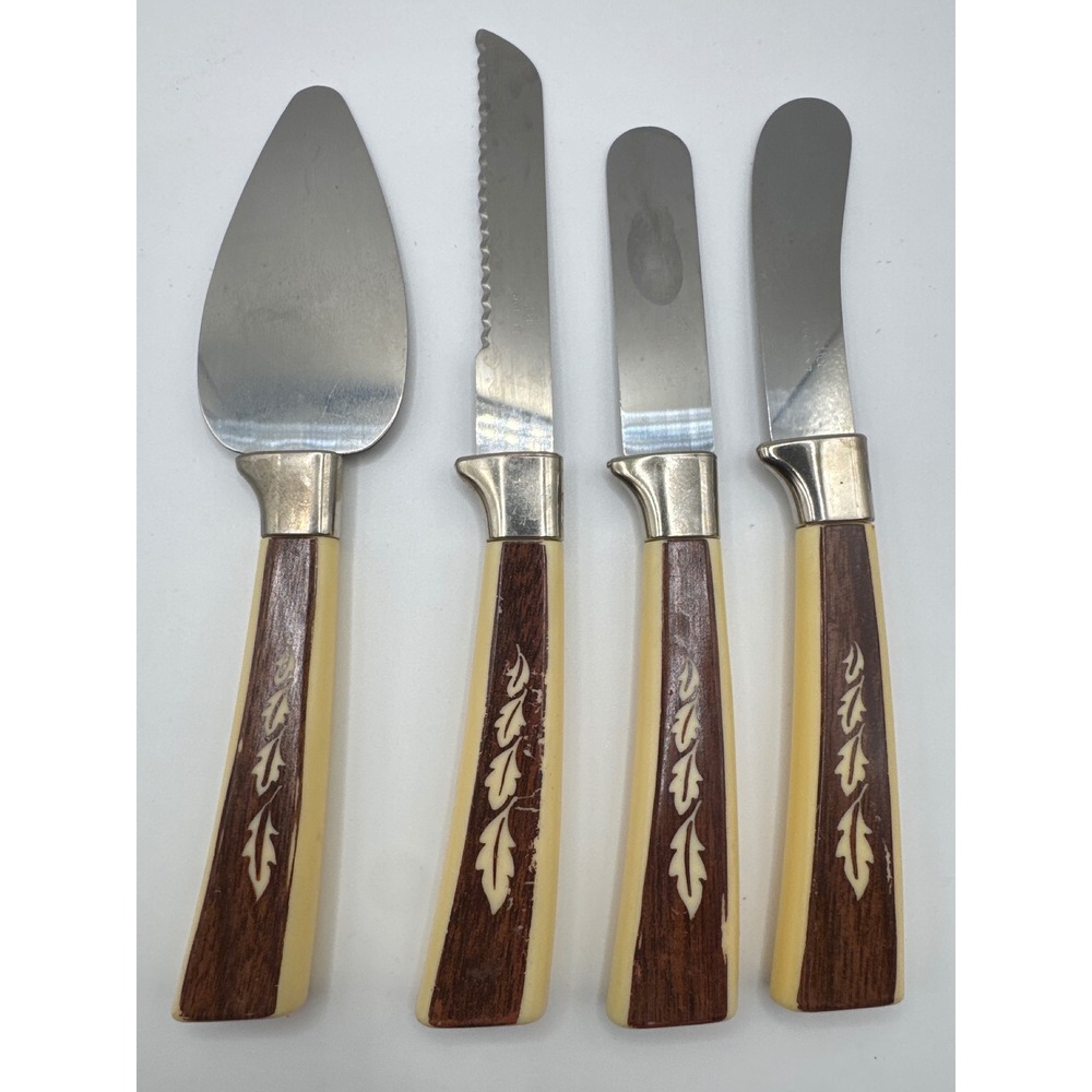 Vintage Regent Sheffield 4pc Cheese Appetizer Set Cream Faux Wood Leaf England